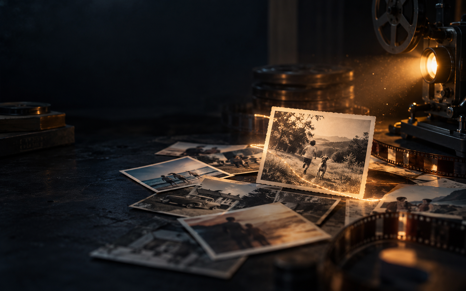Fotografias antigas iluminadas por um projetor de cinema